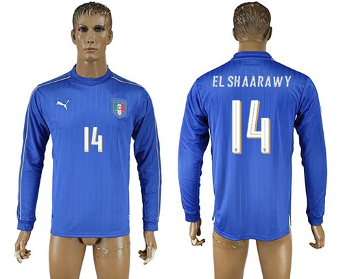 Italy #14 EL Shaarawy Blue Home Long Sleeves Soccer Country Jersey - Click Image to Close